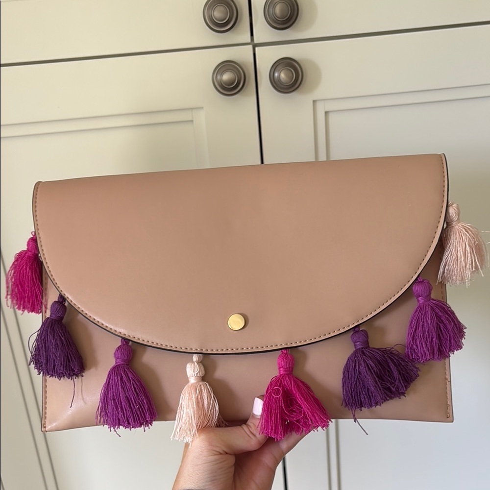 Tassel-Embellished Tan Clutch